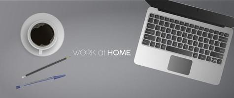 Work at home banner. Flat lay, top view office desk with laptop. Notebook, coffee, pencil, pen. Realistic vector illustration.