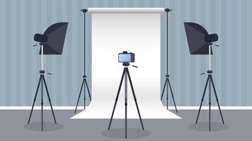 Photo Studio . Blank white canvas background on tripods. Camera on a tripod, softbox. Professional photo studio. vector