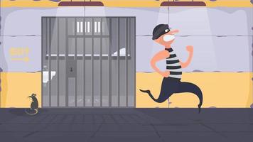 un preso se escapa de la prisión. escapar del criminal. celda de prisión con barras de metal. estilo de dibujos animados vector. vector