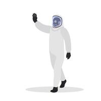 A man in a white protective suit shows a stop. Isolated on a white background. Vector