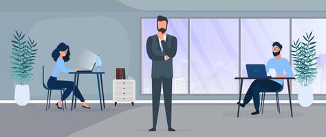 A team of people works in the office. The girl at the computer, the guy at the laptop. The boss in a business suit. Office. . vector
