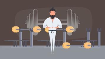 A man in a white kimono meditates. Kung Fu Master. A guy practicing yoga. Vector. vector