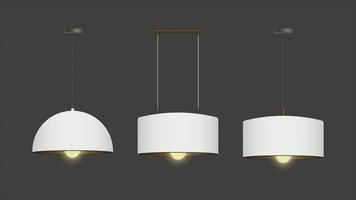 Vector set of realistic white chandeliers. Chandelier is on. Loft style. Interior design element.