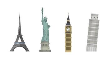 conjunto de hitos mundiales aislados en un fondo blanco. torre eiffel, estatua de la libertad, torre inclinada de pisa y big ben. vector