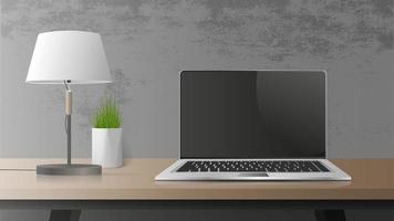 Open a laptop with a black screen. Modern laptop on a wooden table. Table, table green plants, table lamp, workplace in the loft style. Realistic vector illustration.