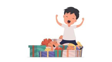 A happy child and a lot of gifts. Happy little boy and a bunch of gift boxes. Isolated. Vector. vector