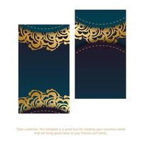 Visiting business card with gradient blue color with mandala gold pattern for your contacts. vector