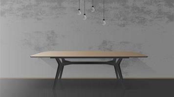 Wooden table with black metal base. Empty table, gray, concrete wall. Vector illustration