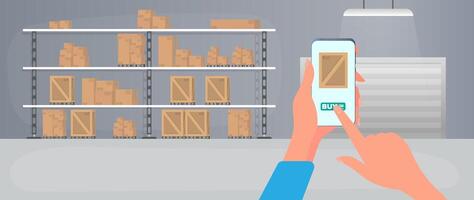 Ordering a package via phone. Online ordering goods from stock. Large warehouse with drawers. Rack with drawers and boxes. Carton boxes. . vector