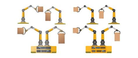 conjunto de robots mecánicos con cajas. brazo robótico industrial levanta una carga. tecnología industrial moderna. electrodomésticos para empresas manufactureras. aislado. vector. vector