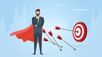 Businessman hits the target. Hit the center of the target with an arrow. Businessman with a red cloak. The concept of motivation and achievements in business. . vector