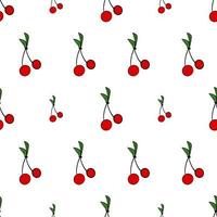 Cherry seamless pattern. Cherries with green leaves isolated on white background. Good for backgrounds and postcards. Vector icon