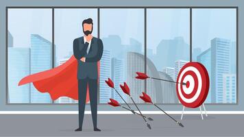 Businessman hits the target. Hit the center of the target with an arrow. Businessman with a red cloak. Office. The concept of motivation and achievements in business. . vector