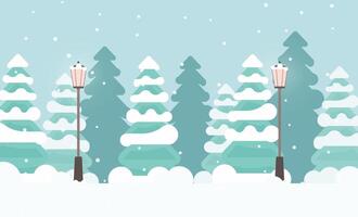 Winter landscape with snow covered trees and street lamps vector