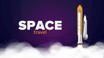 espacio de viaje. pancarta morada sobre el tema del vuelo espacial. transbordador espacial. combatiente. portacohetes está despegando. vector.