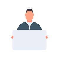 A businessman is standing and holding a blank poster with a place for the text. Man holding blank banner isolated on white background. The guy shows the poster. . vector