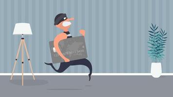 The robber runs away with a credit card. The criminal is running with a bank card. Cartoon style illustration. Good for security, robbery and fraud topics. Vector. vector