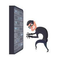 A thief is trying to get a server. The robber steals data. Internet concept of security and data protection. Isolated. Vector. vector