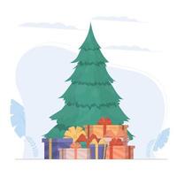 banner de año nuevo con árbol de navidad y regalos. árbol de coníferas verde. regalos debajo del árbol. vector. vector