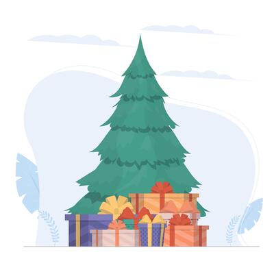 New Year banner with Christmas tree and gifts. Green coniferous tree. Gifts under the tree. Vector.