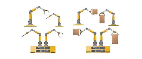 Set of mechanical robots holding boxes. Industrial robotic arm lifts a load. Modern industrial technology. Appliances for manufacturing enterprises. Isolated. Vector. vector