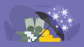 Pandemic-protected money. The dollar is hidden under the umbrella. Virus attack on business. Vector illustration