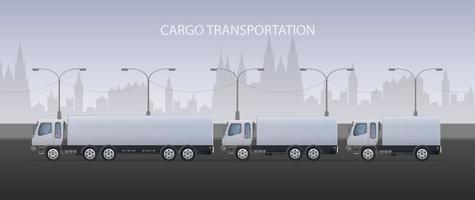 Freight banner. Big white truck. The concept of transportation, delivery and logistics of goods. Vector.