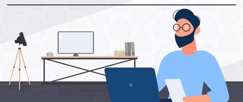 The guy works at the laptop. A man works at a computer in the office. Office worker, office, workplace. . vector