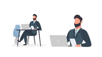 un hombre trabaja en una computadora portátil. el chico está sentado a la mesa con una computadora portátil. estilo plano. Bueno para trabajos de imagen, oficina, contratación de personal. ilustración vectorial vector