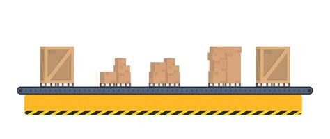 Conveyor line with boxes. Conveyor system in flat design. Vector illustration