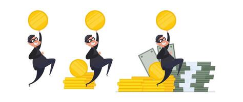 Set for posters and presentations. Two robbers steal gold coins. Two thieves are stealing money. Robbery and security concept. Isolated. Vector. vector