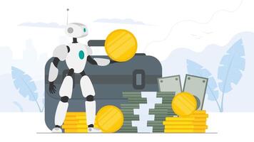 The robot is holding money. Robot assistant with a gold coin in his hands. A mountain of money. Dollars, bundles of money, gold coins. Vector. vector