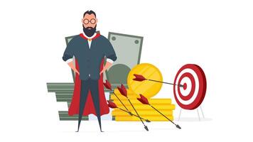 The businessman hits the target. Hit the center of the target with an arrow. A businessman in a red cloak with a mountain of money. vector