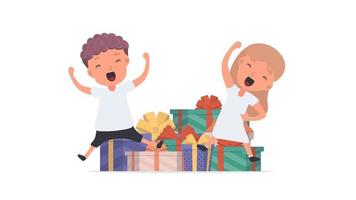 Happy child with gifts. Good for design on the theme of holidays, new year or birthdays. Isolated. Vector.
