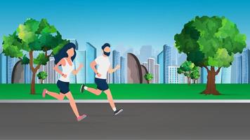 un chico y una chica corren por el parque. correr por la mañana. el concepto de deporte y estilo de vida saludable. vector. vector