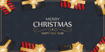 Merry Christmas and Happy New Year banner with dark blue flowers. Vector. vector
