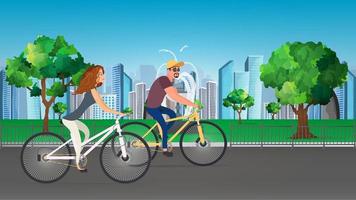 The guy and the girl on a bicycle ride in the park. The concept of recreation and sports. Vector illustration.