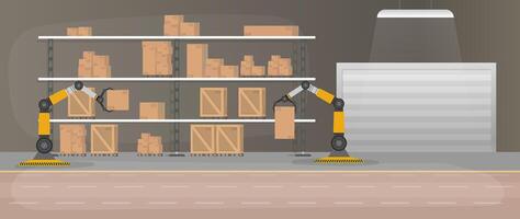 Production warehouse with boxes and pallets. Robotic arm works in a warehouse. Robot arm lifts boxes. vector