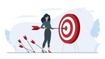 The girl is holding an arrow. The arrow hits the target. The concept of successful business, teamwork and achieving goals. Vector. vector