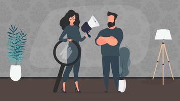 A man and woman are standing in front of a magnifying glass vector
