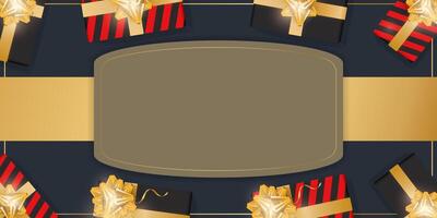 Festive background with gifts and place for text. Realistic gift boxes with gold ribbons and bow. View from above. illustration. vector