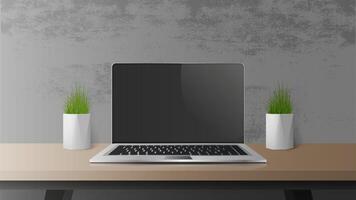 Open laptop with a black screen. Modern laptop on a wooden table. Table, desktop green plants, a workplace in the loft style. Realistic vector illustration.