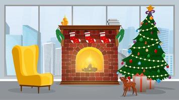 Año nuevo. una habitación con chimenea, árbol de navidad y regalos. vector. vector