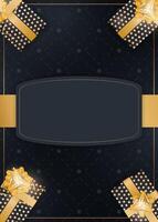 Festive dark background with gifts and place for text. Realistic gift boxes with gold ribbons and bow. View from above. Vector