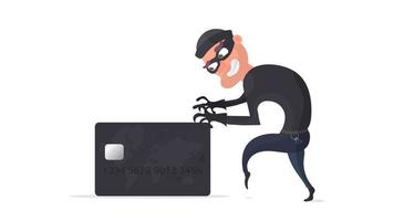 The robber steals a bank card. The thief is trying to steal a bank card. Good for the topic of security, robbery, scam and fraud. Vector. vector