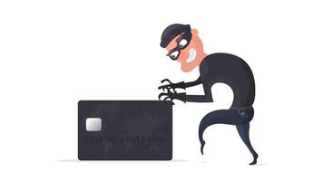 The robber steals a bank card. The thief is trying to steal a bank card. Good for the topic of security, robbery, scam and fraud. . vector