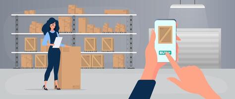 Ordering a package via phone. Online ordering goods from stock. Large warehouse with drawers. Rack with drawers and boxes. Carton boxes. . vector