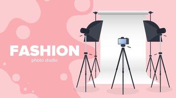 Photo Studio . Blank white canvas background on tripods. Camera on a tripod, softbox. Professional photo studio. vector