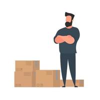 A man stands with cardboard boxes. Delivery and trucking concept. Isolated. Vector. vector