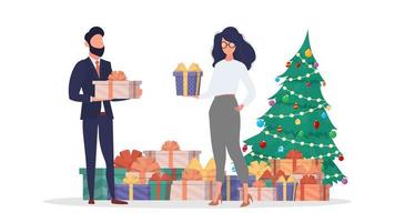 A guy and a girl give each other gifts for the new year. Christmas tree, gifts, family. Holiday concept. Vector.